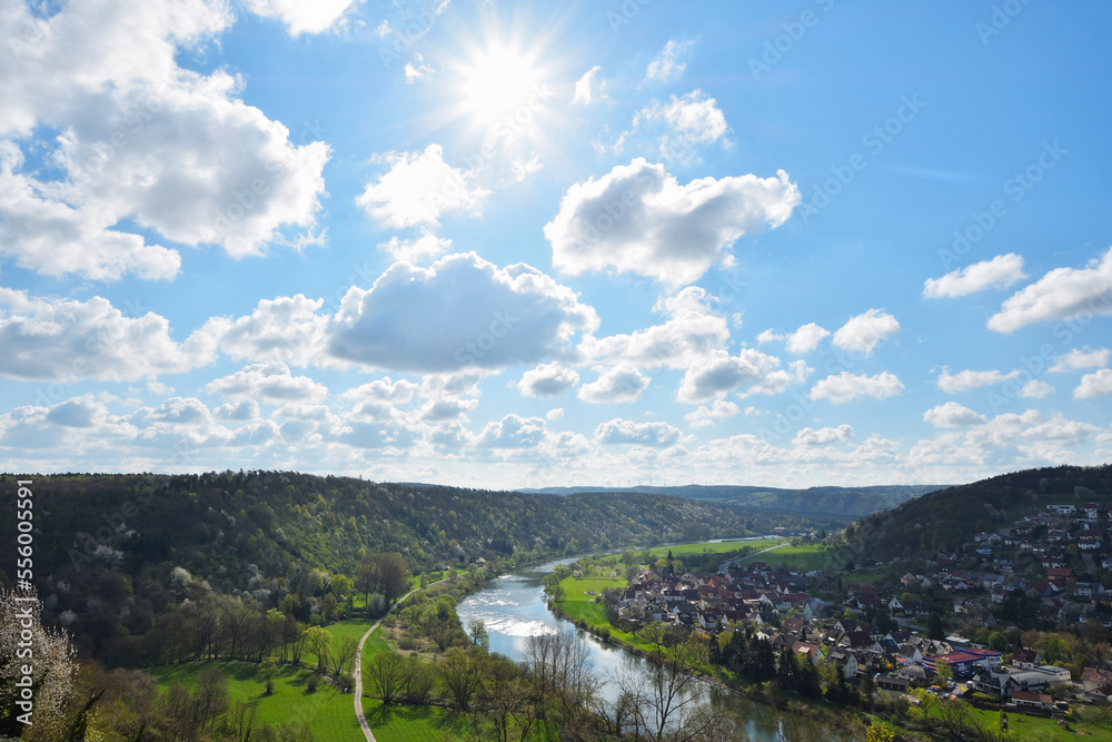 Overview of River Main with Sun, Eichel, Wertheim, Main-Tauber-District, Odenwald, Baden-Wurttemberg, Germany Overview of River Main with Sun, Eichel, Wertheim, Main-Tauber-District, Odenwald, Baden-Wurttemberg, Germany