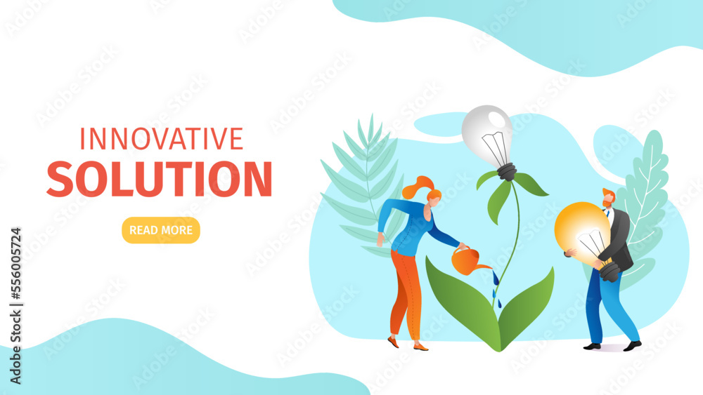 Innovation solution, lamp light - creative business idea, vector illustration. Flat creativity by people man woman character, web page concept.