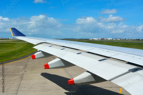 Aircraft Airbus A380 Wing at Startup on Tarmac at Airport, Brisbane, Queensland, Australia