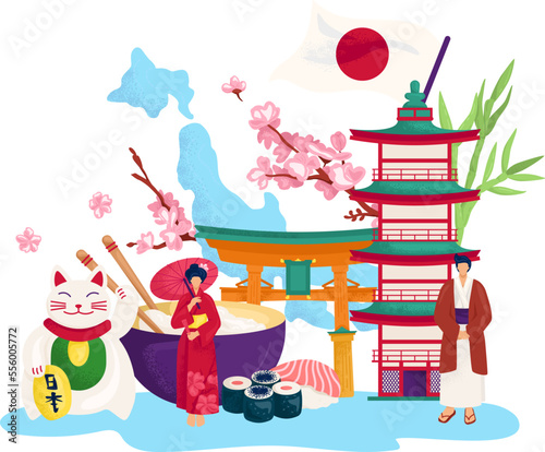 Welcome to japan, travel landing banner design, vector illustration. Asia tourism for culture, fuji landmark and sakura symbol web page.