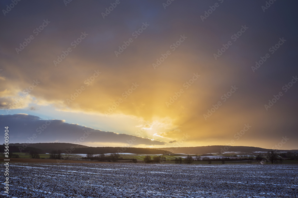 Field Landscape at Sunrise in the Winter, Dietersdorf, Coburg, Bavaria, Germany Field Landscape at Sunrise in the Winter, Dietersdorf, Coburg, Bavaria, Germany