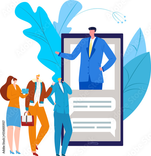 Online consultation at smartphone, vector illustration. Man woman person charcater use business consultant service landing page.