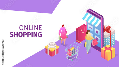Online shopping technology, flat people use smartphone app concept vector illustration. Mobile business store in internet, man woman charcater