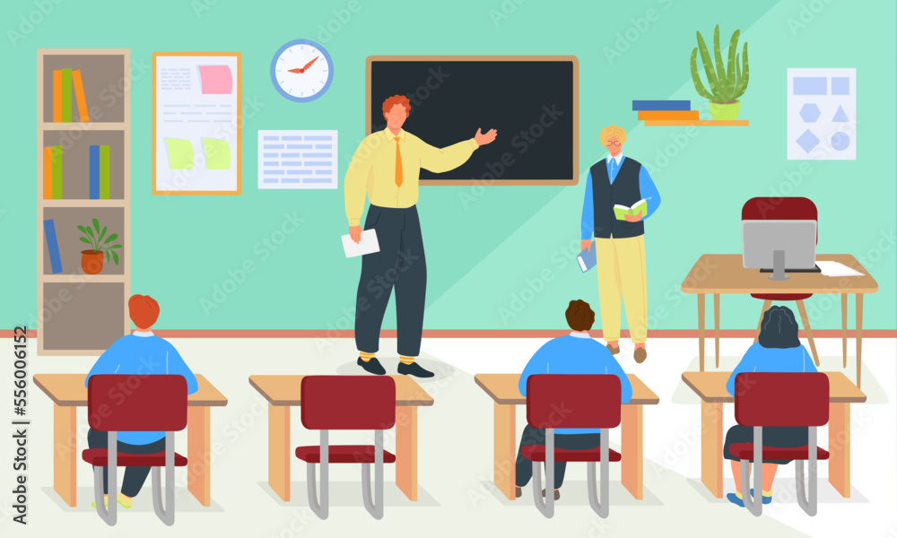School education with teacher, english lesson at class vector illustration. Boy girl pupil charcater learn and get knowledge. School education with teacher, english lesson at class vector illustration. Boy girl pupil charcater learn and get knowledge.