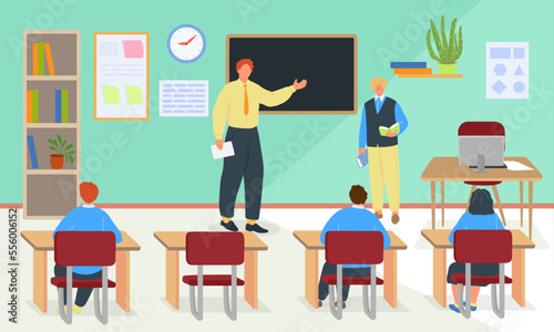 School education with teacher, english lesson at class vector illustration. Boy girl pupil charcater learn and get knowledge. © creativeteam