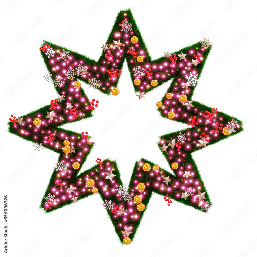 Obraz premium Beautiful christmas graphic element of sparkling illumination on star shaped pine with snowflake and shiny stars and red berries on transparent background (RGBA 3D Rendering PNG)