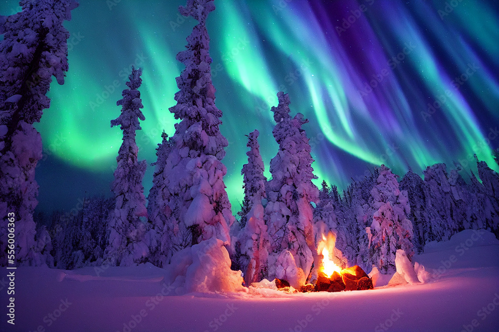 Northern Lights over the winter forest and campfire. Aurora borealis ...