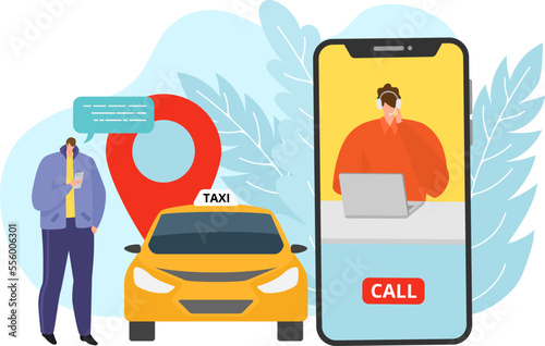 Taxi service with smartphone call or mobile application vector illustration. Transportation order in gps app, web page. People man character