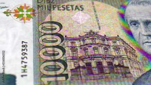 Spain Spanish Peseta 10000 Banknotes, Ten Thousand Spanish Peseta, Close-up and macro view of the Spanish Peseta, Tracking and Dolly Shots 10000 Spanish Peseta banknote Observe and Reserve Side photo