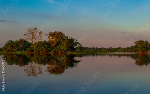 Fototapeta Naklejka Na Ścianę i Meble -  Mirror reflections on the water of Rio Amazonas in Brazil at sunset during a canoe excursion in the middle of the rain forest