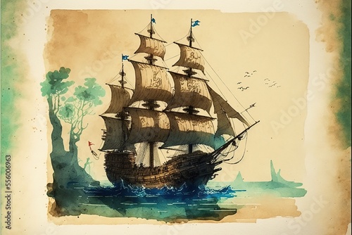 A watercolor sketch of an ancient pirate ship on tan paper. photo
