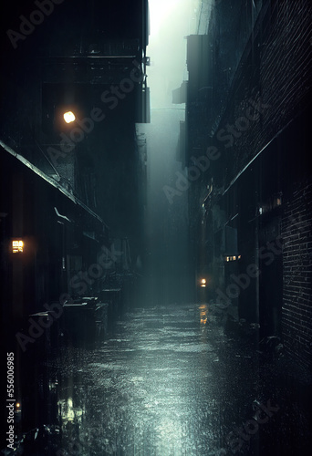 Illustration of a dark cyberpunk Gotham's alley on a foggy rainy night. A city rife with corruption and crime, dark and mystic atmosphere .