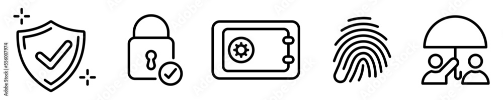 Conjunto de iconos de seguridad y protección. Seguro, antivirus, caja fuerte, huella dactilar. Ilustración vectorial Conjunto de iconos de seguridad y protección. Seguro, antivirus, caja fuerte, huella dactilar. Ilustración vectorial