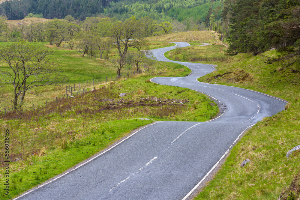 Winding country road at Glen Nevis near Fort William in Scotland, United Kingdom Winding country road at Glen Nevis near Fort William in Scotland, United Kingdom