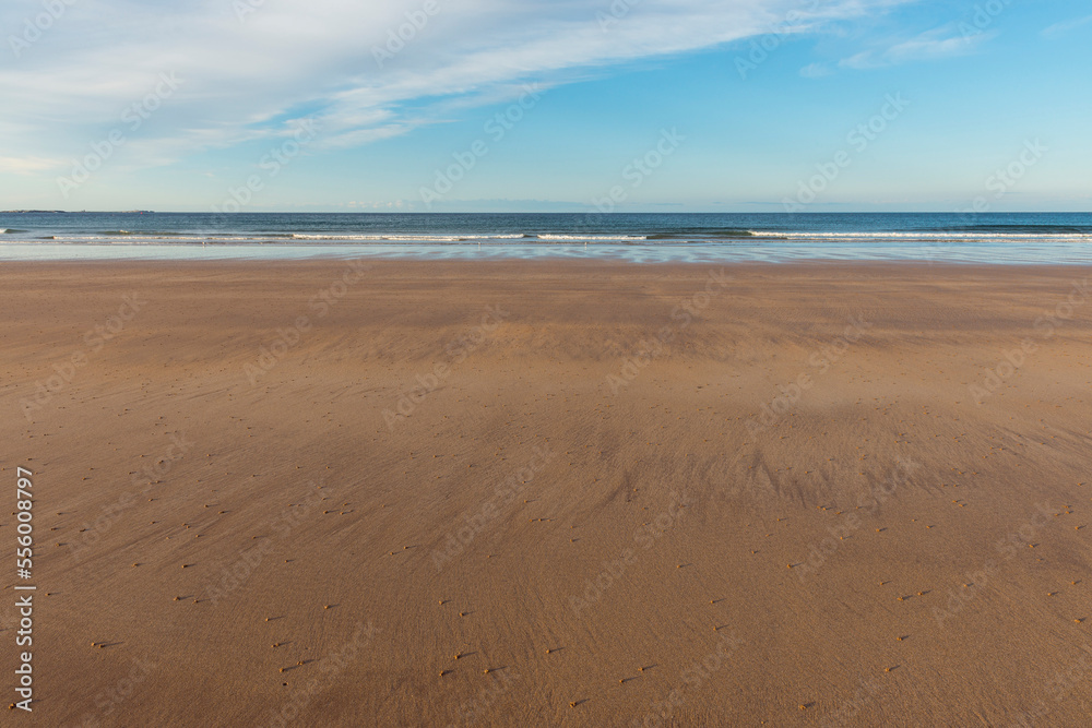 Sandy beach and North Sea at low tide in the morning at Bamburgh in Northumberland, England, United Kingdom Sandy beach and North Sea at low tide in the morning at Bamburgh in Northumberland, England, United Kingdom