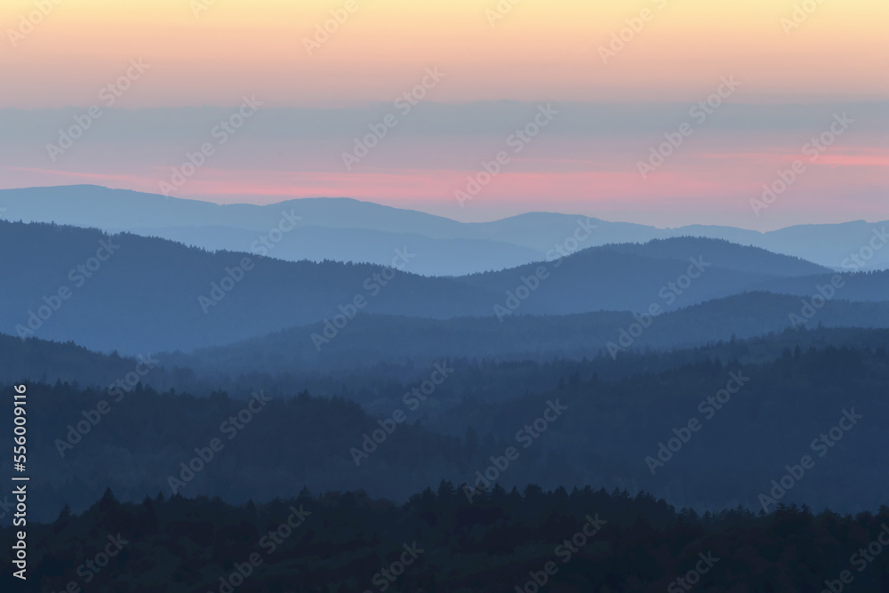 View from Lusen mountain over the Bavarian Forest at sunset at Waldhauser in the Bavarian Forest National Park, Bavaria, Germany View from Lusen mountain over the Bavarian Forest at sunset at Waldhauser in the Bavarian Forest National Park, Bavaria, Germany