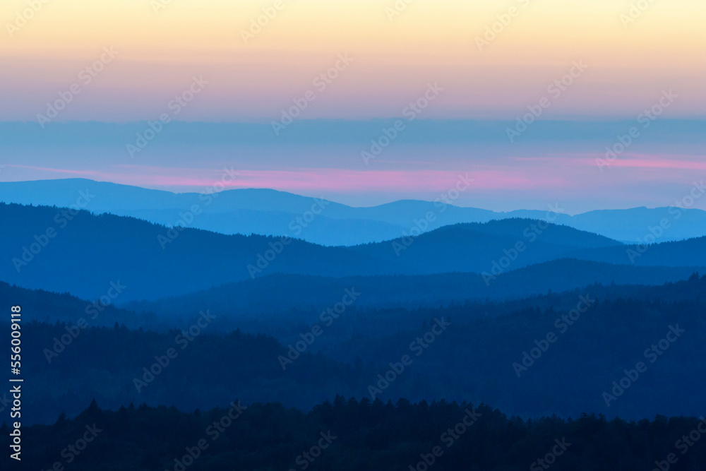 View from Lusen mountain over the Bavarian Forest at sunrise at Waldhauser in the Bavarian Forest National Park, Bavaria, Germany View from Lusen mountain over the Bavarian Forest at sunrise at Waldhauser in the Bavarian Forest National Park, Bavaria, Germany