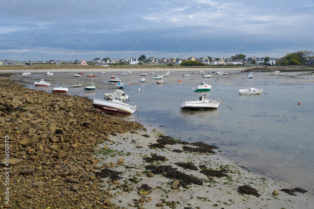 Harbor with boats at low tide, Plage de Porssevigne, Plouarzel, Finistere, Brittany, France Harbor with boats at low tide, Plage de Porssevigne, Plouarzel, Finistere, Brittany, France