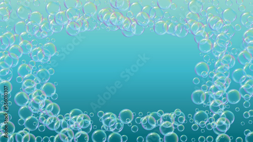 Suds bubble. Detergent bath foam and soap for bathtub. Shampoo.