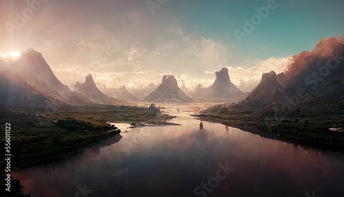 Mountain landscape with lake, jagged peaks and large clouds ,made with Generative AI