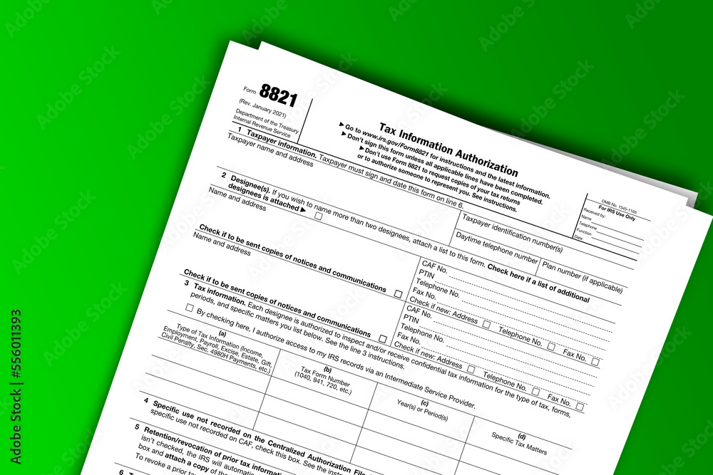 Form 8821 documentation published IRS USA 01.22.2021. American tax document on colored Form 8821 documentation published IRS USA 01.22.2021. American tax document on colored