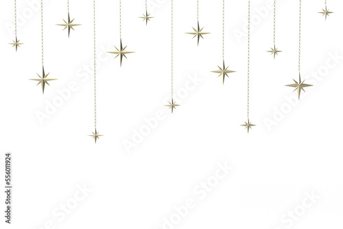 Isolated 3d golden stars hanging on chains.