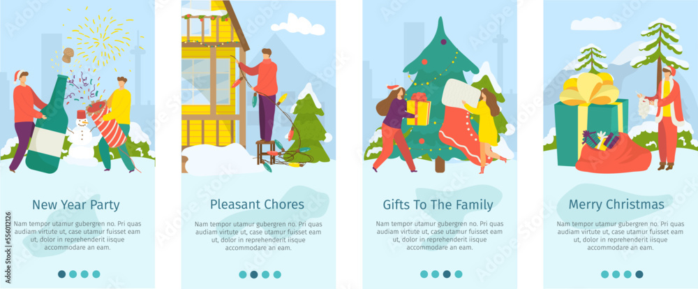 Christmas mobile landing set, winter happy holiday website, vector illustration. Cartoon man woman character celebration at web page concept.