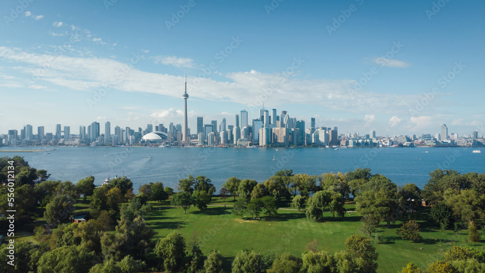 Aerial view of Toronto skyline, Lake Ontario and Centre Island in Toronto, Ontario, Canada.