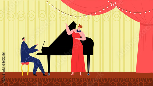 Classical piano music scene singer with microphone landing page, vector illustration. Man woman people musician character art cartoon entertainment.