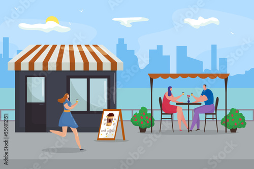 Coffee at flat city cafe, vector illustration. People character at street res...