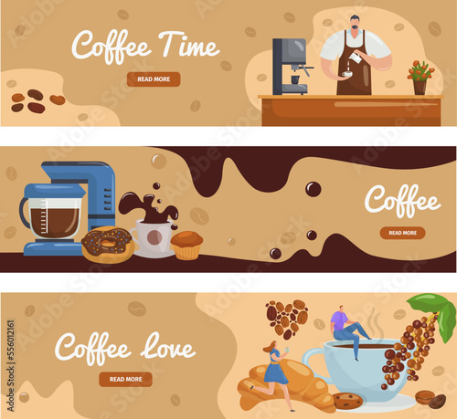 Coffee time banner concept, vector illustration. Cartoon people character at ...