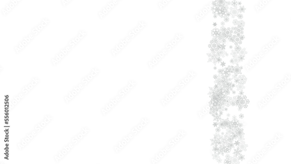 Obraz premium Snowflakes falling on white background. Horizontal Christmas and Happy New Year theme. Silver falling snowflakes for banner, gift card, party invitation, partner compliment and special business offers