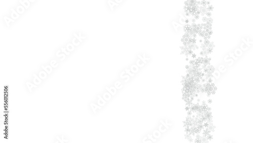 Snowflakes falling on white background. Horizontal Christmas and Happy New Year theme. Silver falling snowflakes for banner, gift card, party invitation, partner compliment and special business offers