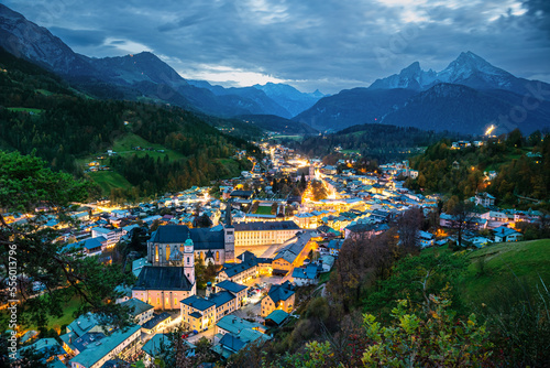 Aerial panorama of an alpine cozy town of Berchtesgaden in Upper Bavaria at autumn night, Germany