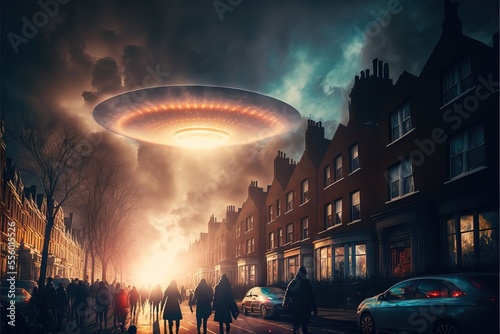 Canvas-taulu UFOs Arriving in the City from the Sky, with lights and energy, between the clou