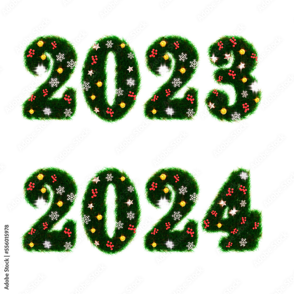 Beautiful christmas wreath like font numbers in the shape of 2023 2024 with shiny orbs and stars and snowflakes on transparent background (3D Rendering) Beautiful christmas wreath like font numbers in the shape of 2023 2024 with shiny orbs and stars and snowflakes on transparent background (3D Rendering)