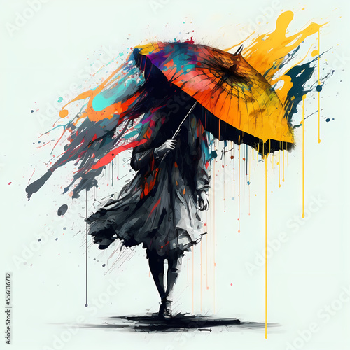 Bold Digital Illustration with Vibrant Colorful Umbrella and Splashes of Rain - Playful Art with Paint Splotches and Brush Strokes for Rainy Days
