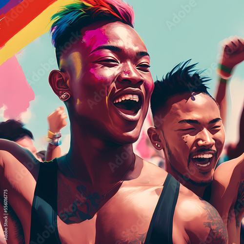 Stylized Digital Painting of an Asian Couple at a Pride Event Supporting the LGBTQ+ Community with Rainbow Flags (AI, Not Real Models)