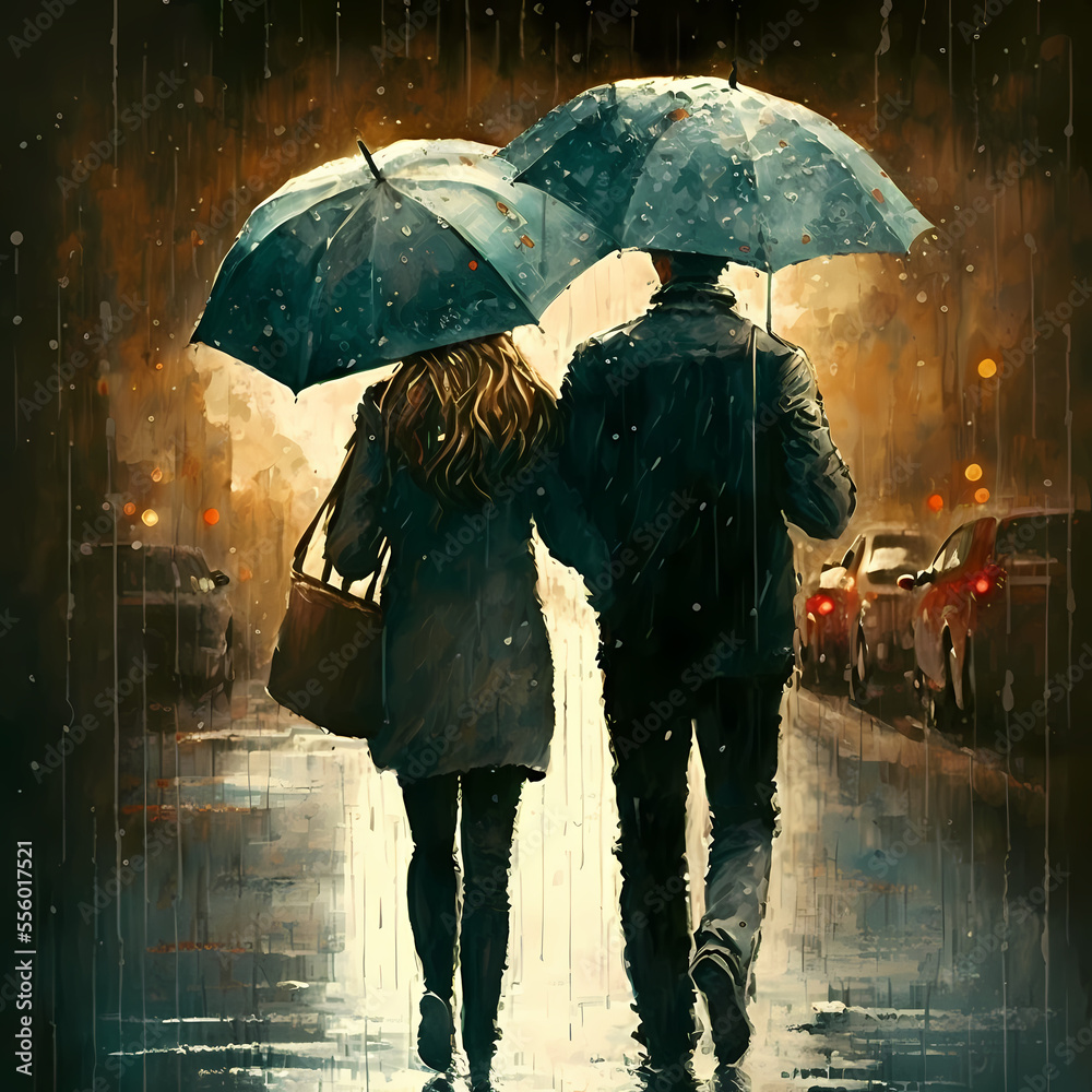 Vibrant Watercolor Painting of a Young Heterosexual Couple in the Rain Holding an Umbrella on City Streets (AI)