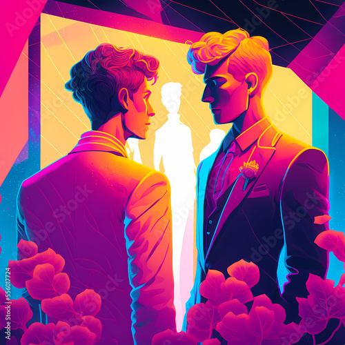 Vibrant Digital Illustration Portrait of a Gay Couple Getting Married at their Wedding - A Joyful and Tender Scene of Love and Commitment (AI)