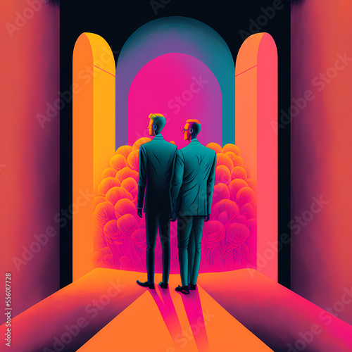 Vibrant Digital Illustration Portrait of a Gay Couple Getting Married at their Wedding - A Joyful and Tender Scene of Love and Commitment (AI)