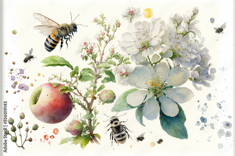 Beautiful bees watercolor illustration made with Generative AI
 - obrazy, fototapety, plakaty 