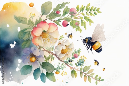 Beautiful bees watercolor illustration made with Generative AI 