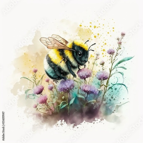 Beautiful bees watercolor illustration made with Generative AI

