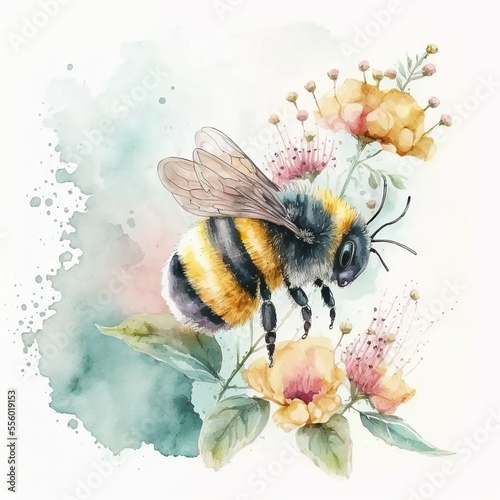 Fotografie, Obraz Beautiful bees watercolor illustration made with Generative AI
