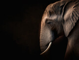 head profile closeup of gray big elephant isolated on black background with copy space area