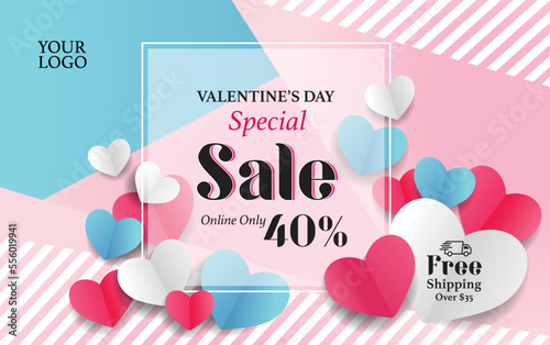 Valentine's day concept background. Vector illustration. 3d red pink white and blue paper hearts with white square frame. Cute love sale banner or greeting card