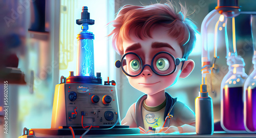 little inventor young boy performing a scientific experiment at a his lab