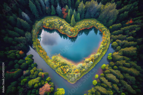 love the nature or save planet earth concept, heart shaped lake in the middle of the tree forest