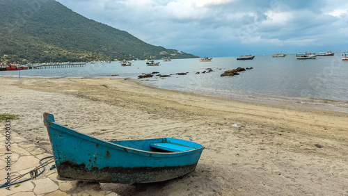 Small blue boat anchored at the edge of the beach.